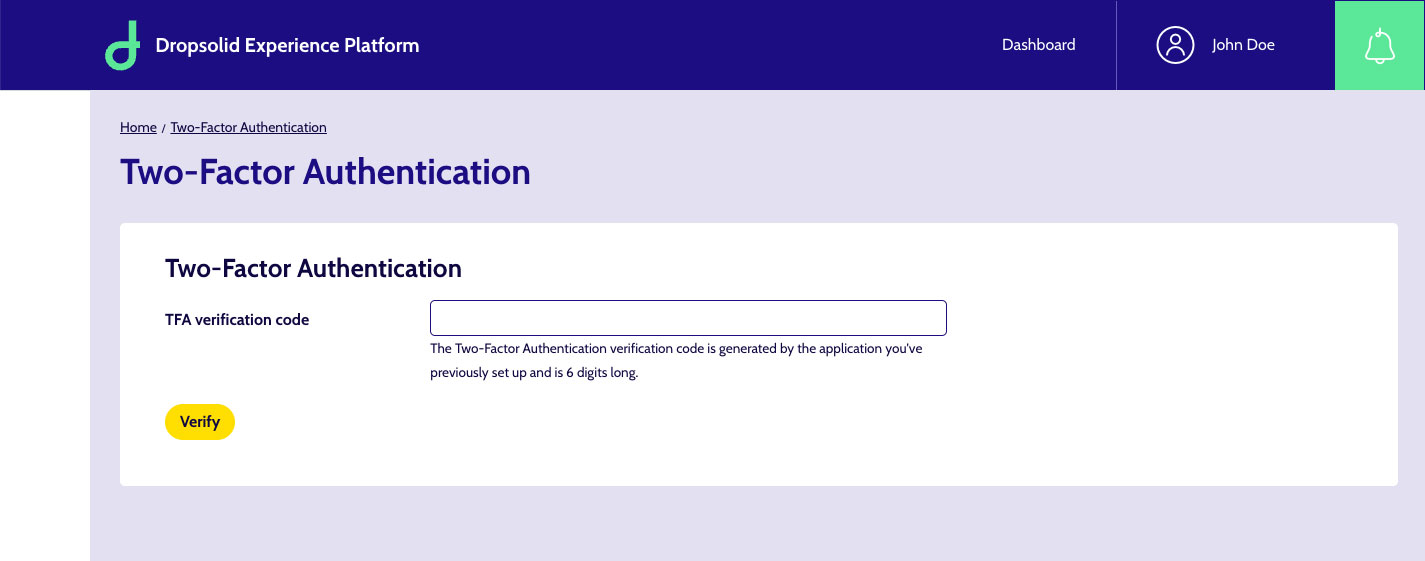 2-factor authentication screen with input field