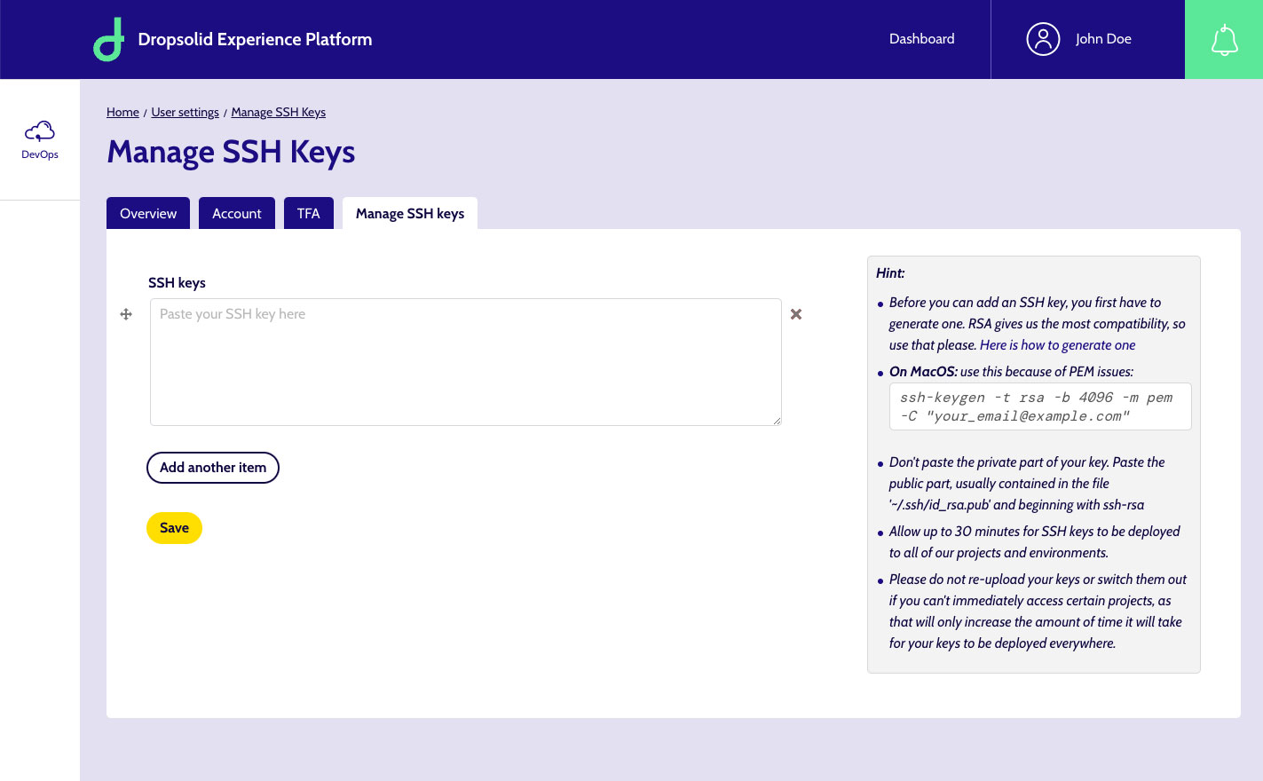 tab to manage your SSH keys