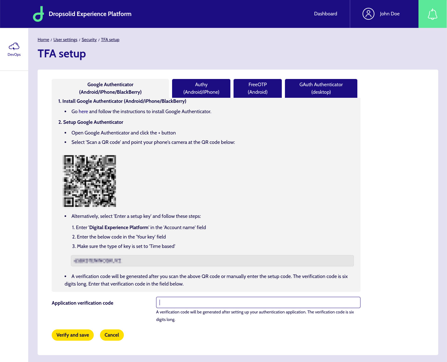 Verify step, showing a QR code or text code