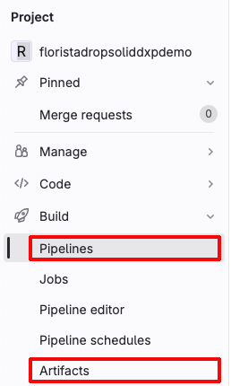 sidebar in gitlab, showing Pipemines and Artifacts